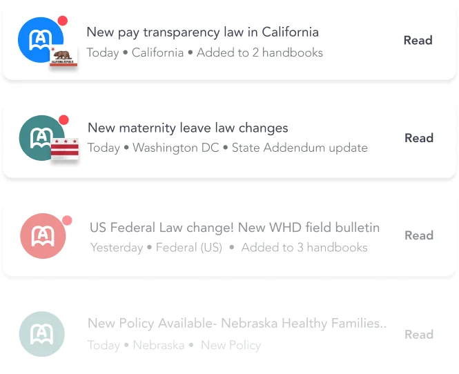 AirMason policy update notifications for California, Washington DC, US federal law, and Nebraska