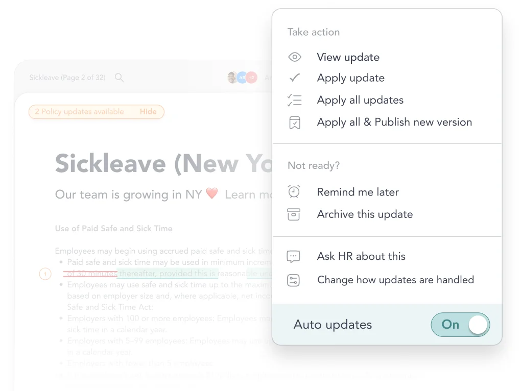 AirMason take-action menu with apply update, apply all updates, and auto updates toggle